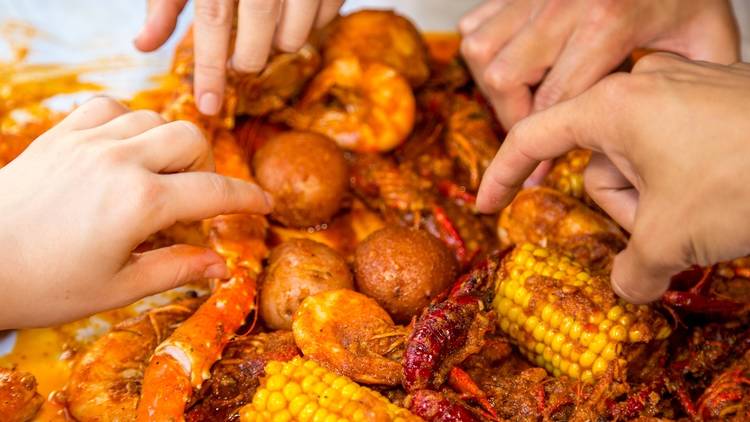 Louisiana-style crab boil food at the Boiling Crab