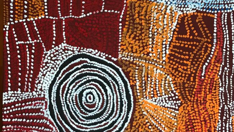 Bill Whiskey Tjapaltjarri's stunning dot art painting Rockholes near the Olgas