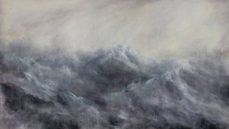 A large-scale painting of a stormy grey sea with huge waves and dark skies