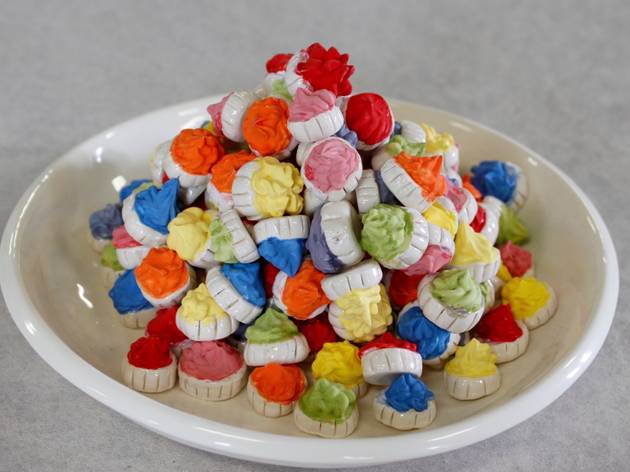 Ritual My Beautiful Curse, Art Month 2021 Ceramic fairy iced biscuits in multiple bright colours on a plate