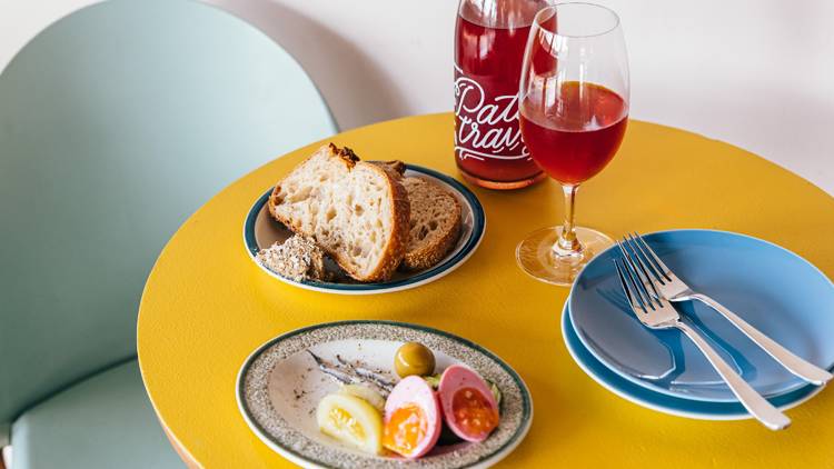 Plates with eggs and bread