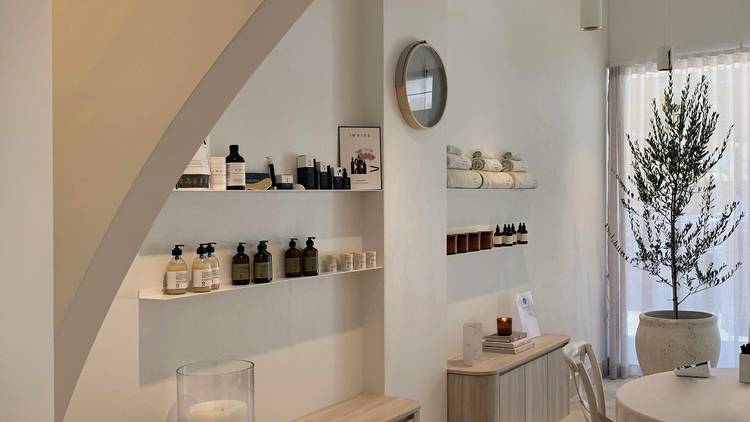 Shelves with beauty products