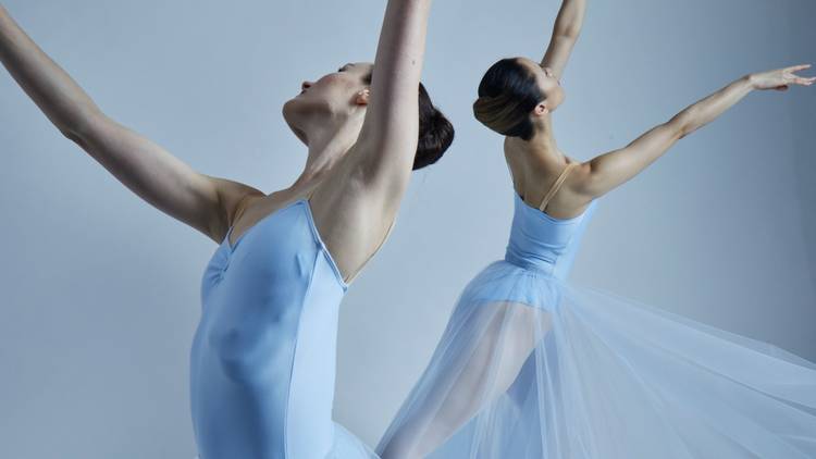 A close up of two dancers in diaphanous blue tutus