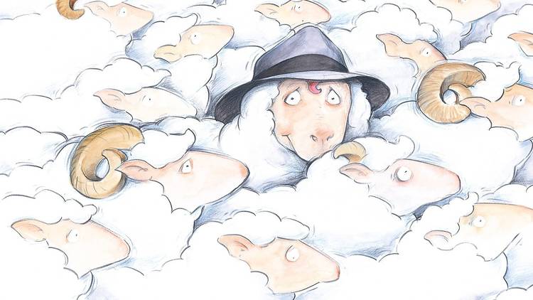 Cartoon image depicts flock of sheep, one wears a hat and looks at the viewer.