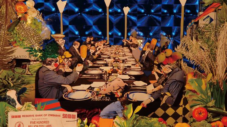 Detail from a bright, bold video projection of a Taiwanese feast