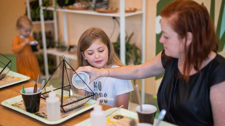 Adult helps child to build a a terrarium