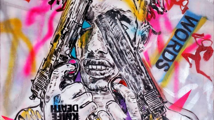 A street-art style picture of a man holding two guns over his eyes