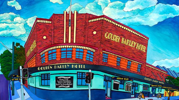 A beautiful, bright, postcard-like painting of the Barley Hotel 