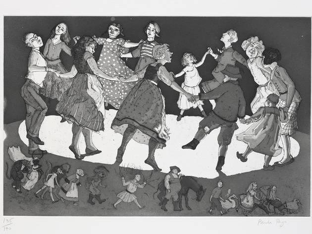 'Menina com homem pequeno e cão' (1987), doada por Paula Rego à Fundação de Serralves em 1989 'Menina com homem pequeno e cão' (1987), doada por Paula Rego à Fundação de Serralves em 1989