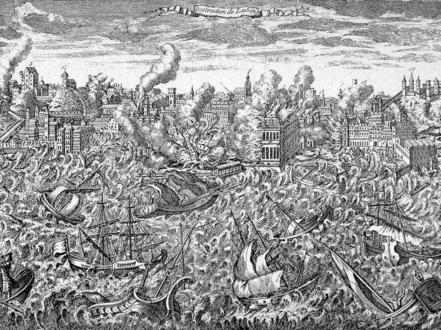 Gravura em cobre de 1755 mostrando Lisboa em chamas e o tsunami varrendo o porto. Gravura em cobre de 1755 mostrando Lisboa em chamas e o tsunami varrendo o porto.