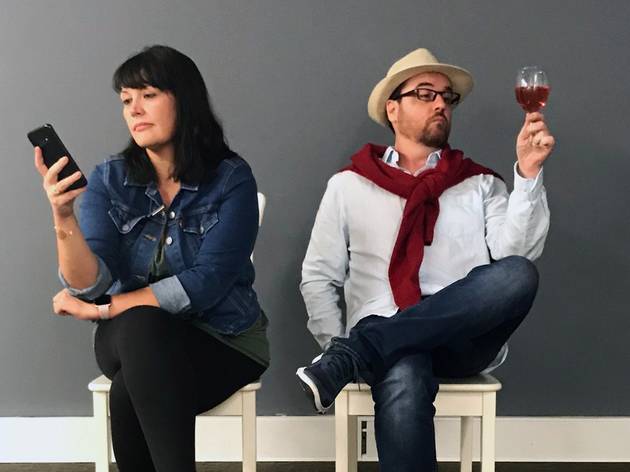 Love me Tinder, Short+Sweet 2021 A woman on a phone and a man holding up a glass of red wine