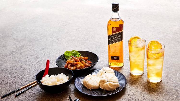 Johnnie Highball food pairing with Singapore chilli prawns and BBQ pork buns et al