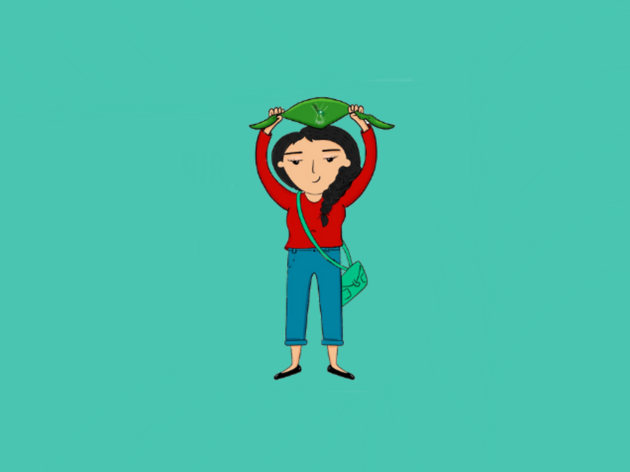 Fondo MARIA Ilustración de mujer con manos arriba y paleacate verde
