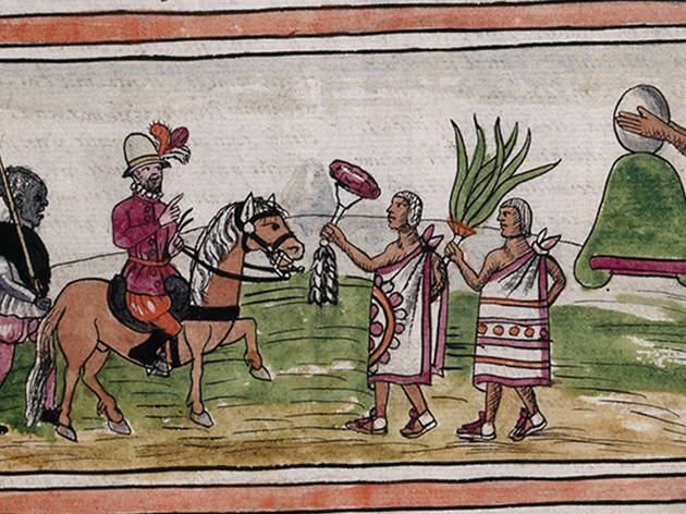 México 500 por la UNAM La llegada de españoles a territorio americano. Imagen de la Biblioteca Nacional de España por Diego Durán.