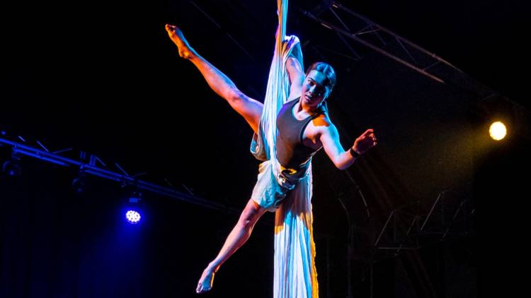 a woman spins in silks from the ceiling