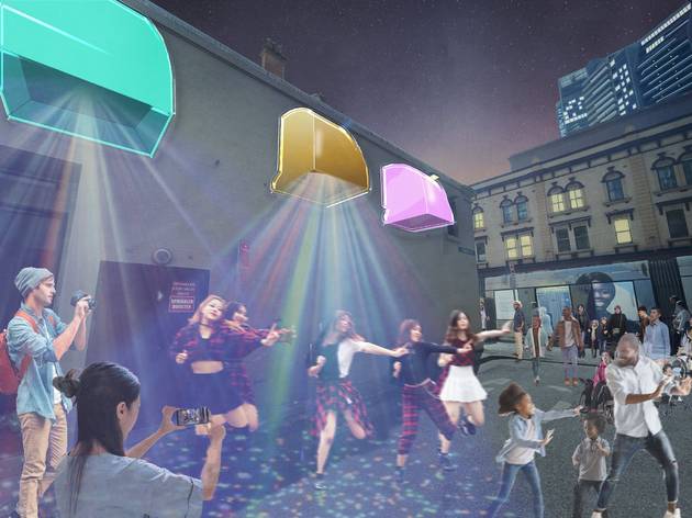 Sydney Solstice - Chinatown dance activation Artist rendering of people dancing at night under different coloured lights.