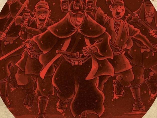 47 Runin comic ilustracion de samurais con filtro rojo y fondo texturizado como pergamino