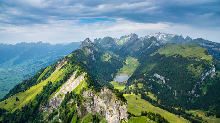 Dramatic mountain scenery seen from the summit of Hoher Kasten mountain, Switzerland.