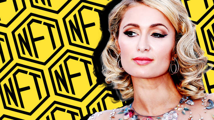 Paris Hilton on a background of a yellow wallpaper with the word NFT as a pattern 