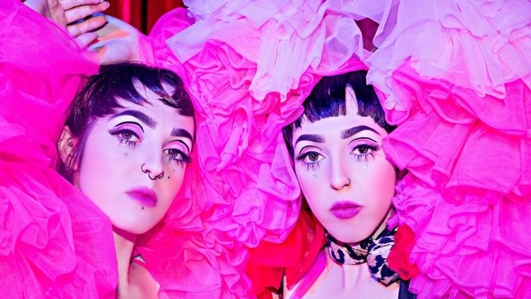 Twin women in pink ruffled costumes