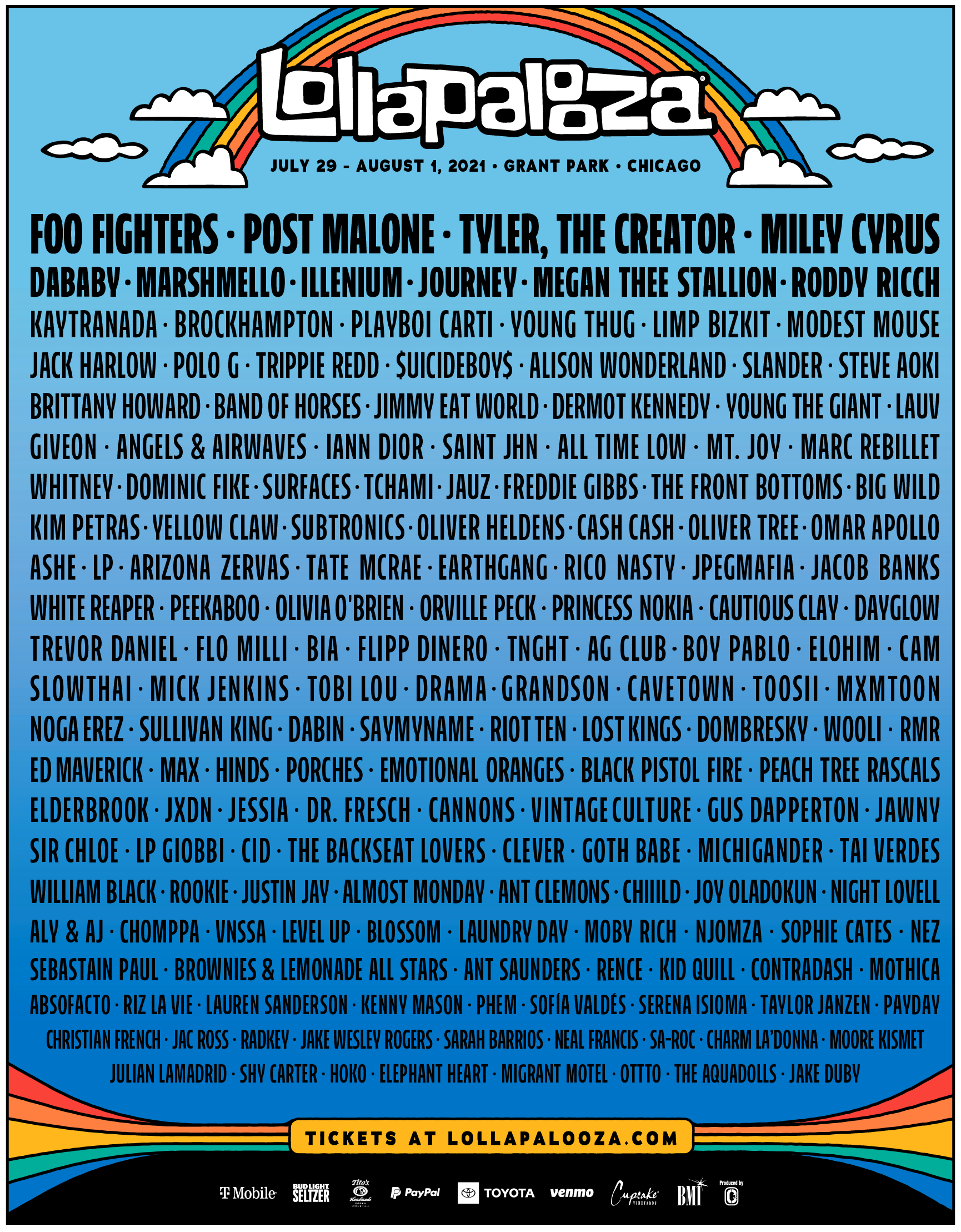 Lollapalooza's 2021 Lineup Topped By Foo Fighters, Post Malone, Tyler, Miley