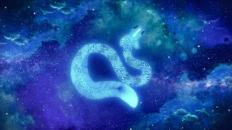 A Spirit Eel winding its way through a cloudy night sky