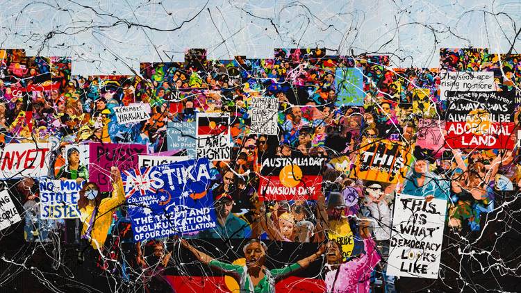 a painting of a First Nations rights march with colourful placards