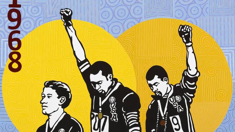 a painting of the 1968 Olympic podium Black Power protest 