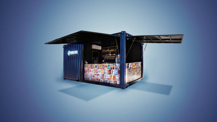 An artist impression of a converted shipping container fashioned. to look like a bar