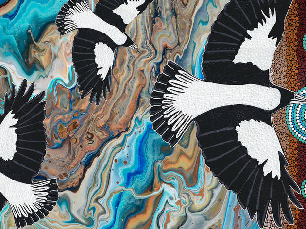 Parrwang Lifts the Sky An image of three magpies on an abstract background of blues and browns