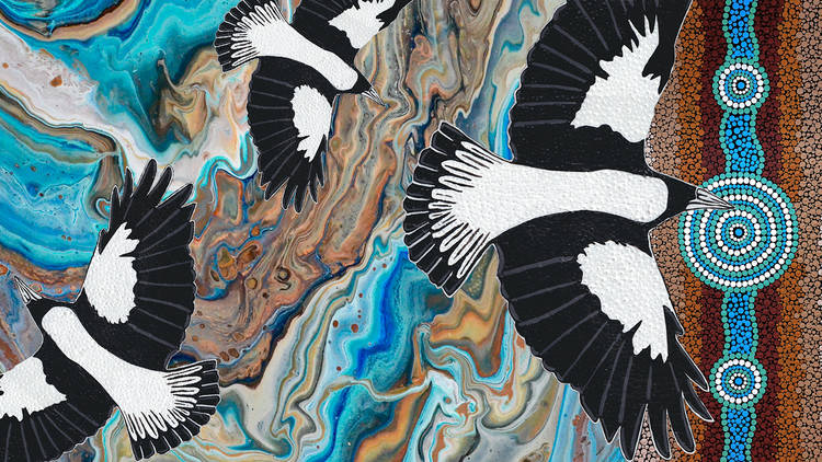 An image of three magpies on an abstract background of blues and browns