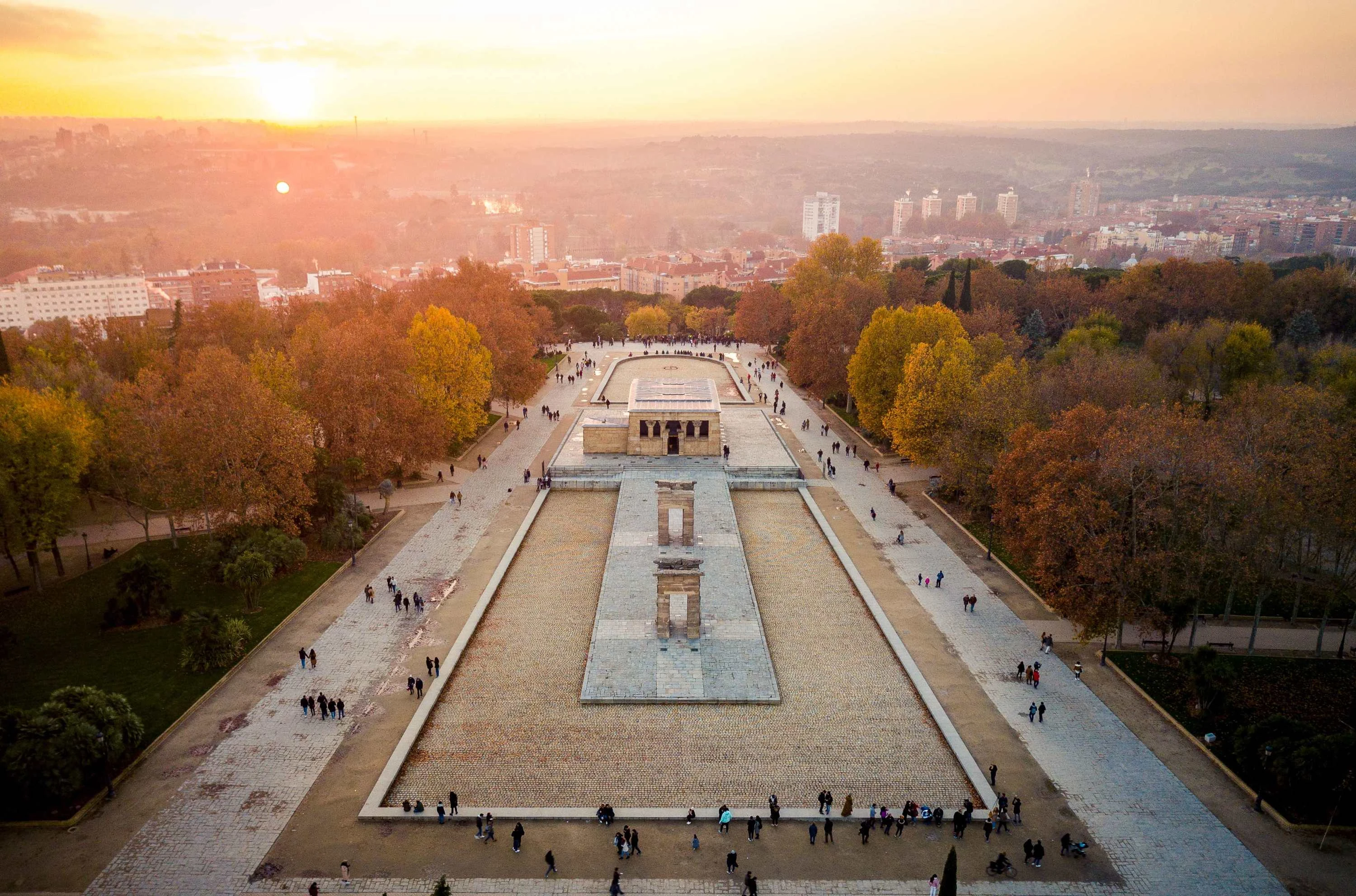 Aerial view of the Egyptian temple, Debod in Madrid, Spain