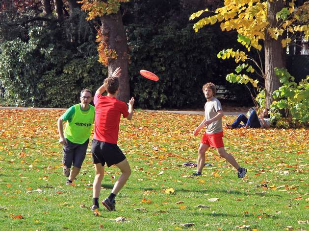Vienna,,Austria,-,November,8,,2015:,People,Are,Playing,Frisbee VIENNA, AUSTRIA - NOVEMBER 8, 2015: people are playing frisbee just for fun in public city park in Vienna, Austria