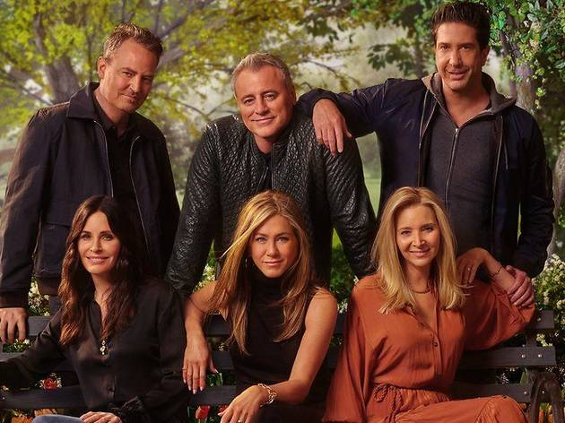 Friends: The Reunion Back row: Chandler Bing, Joey Tribiani, Ross Geller; Front row (seated) Monica Geller, Rachel Green, Phoebe Buffet