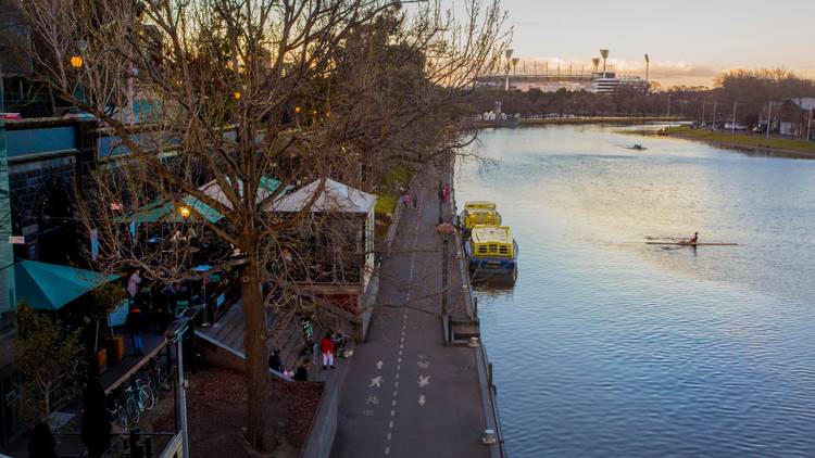 View from Princess Bridge, looking towards the MCG. The trees are leaf-less and it looks cold