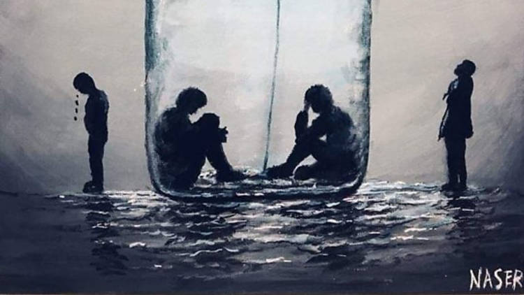 A painting of two people trapped inside a glass jar while two other people stand on the outside