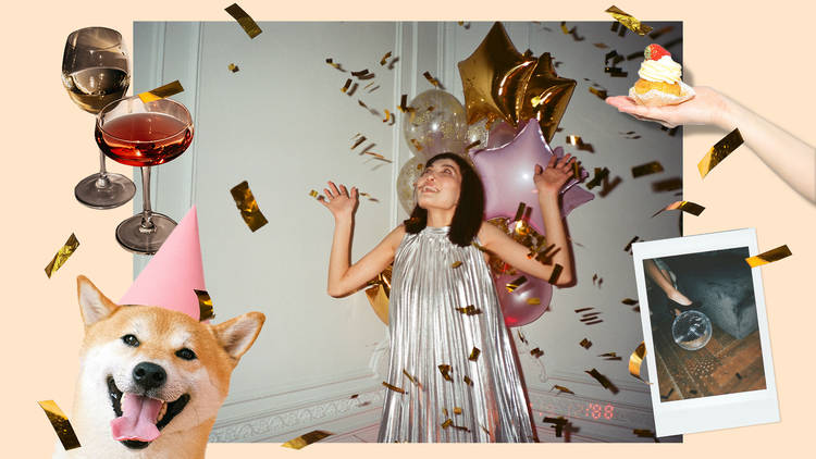 Person celebrating with balloons and streamers at home with photos of cocktails, dog with a party hat on and a cake in a hand