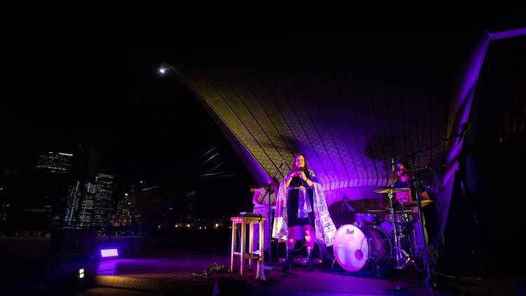 Band Bow and Arrow perform under the Oper House sails