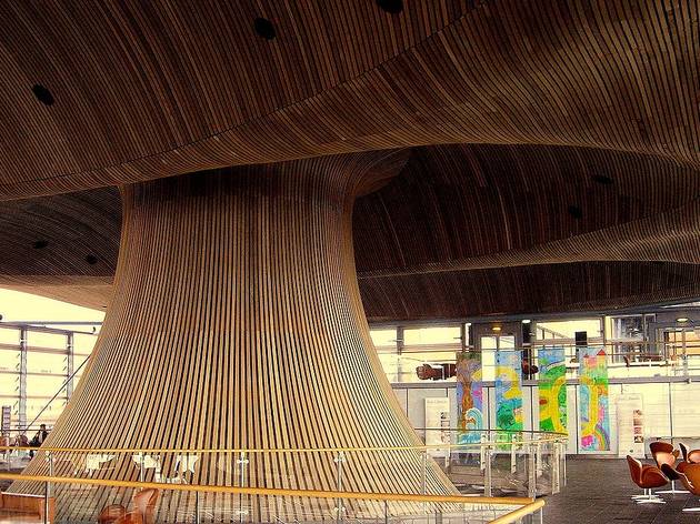 The funnel at Cardiff's Senedd The curious architecture of the Senedd building in Cardiff, Wales