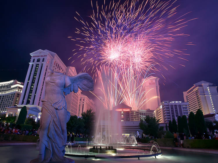 Fireworks explode over Caesars Palace along the Las Vegas Strip during its annual 4th of July celebration Thursday, July 4, 2019, in Las Vegas. The property also offers lawn games, a DJ, a hot dog cart and more, through the weekend