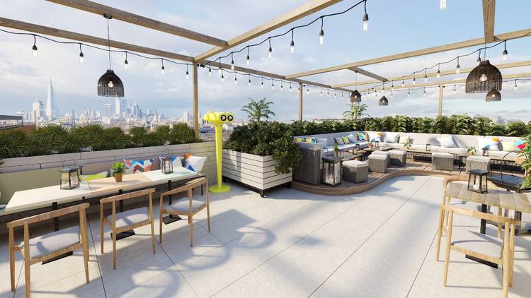 Rendered image of a rooftop bar with festoon lights and views of London city centre
