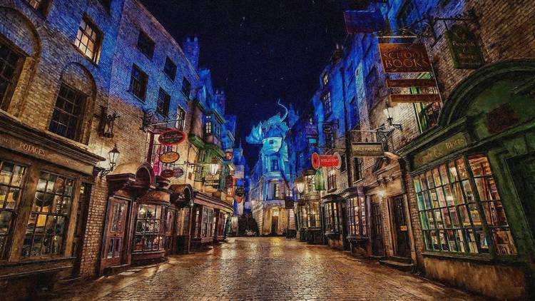 A cobblestone street featuring magical shops and a glowing blue dragon 