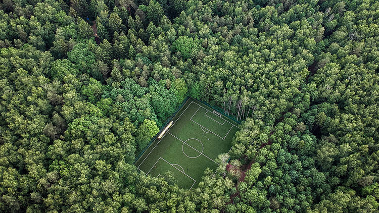 Aerial shot of a green football pitch completely surrounded by dense, tall green trees