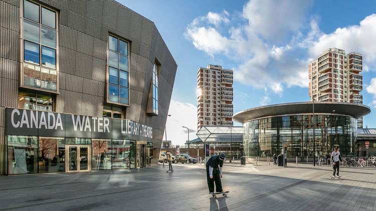 A photo of the exterior of Canada Water Theatre (left) 