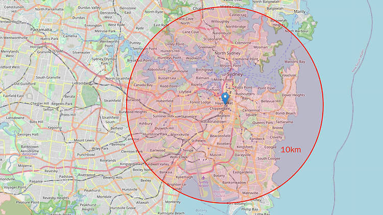 Sydney 10km bubble map from 2KM From Home