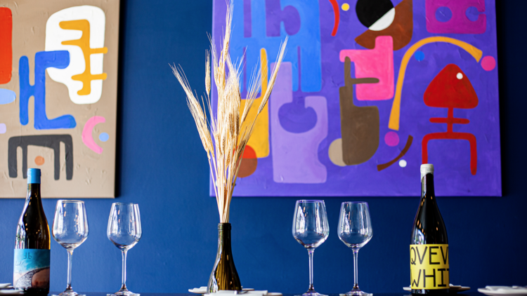 Interior of a bar with blue walls