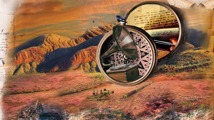 An illustration of a red, scrubland landscape with burnt orange hills in the background. An image of a locket with letters and a gramophone in it is superimposed on the landscape 