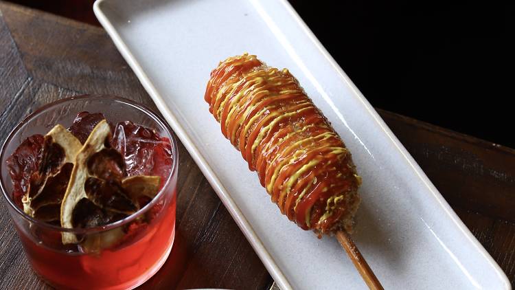 cocktail and corndog