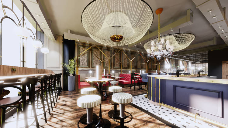 Interior of a bar with patterned wallpaper