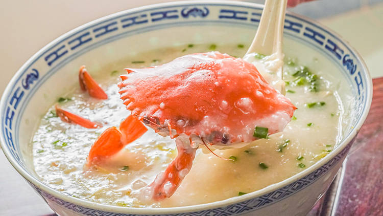 Crab congee and crispy dace balls